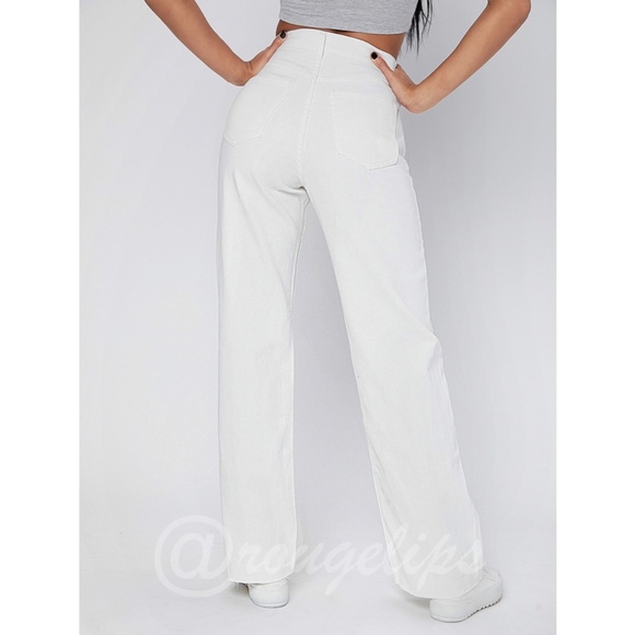 90s Style White Wide Leg Jeans High Waist Raw Hem - Picture 5 of 15